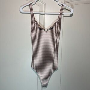 Privacy Please Bodysuit Ribbed Striped Sleeveless Snap Crotch Pink Mauve XS‎